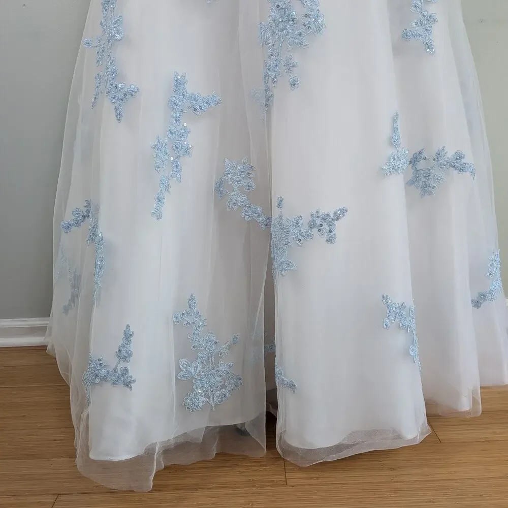 Vtg Jovani Prom Dress Maxi Gown 6 White Blue Y2K Fairy Princess Floral Wedding - Picture 7 of 16